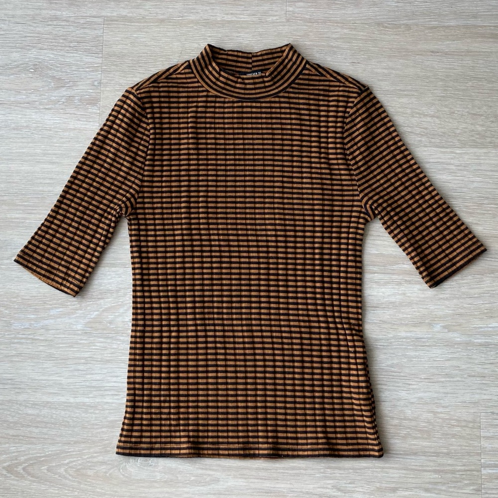 Forever 21 Striped Short Sleeve Turtleneck Top